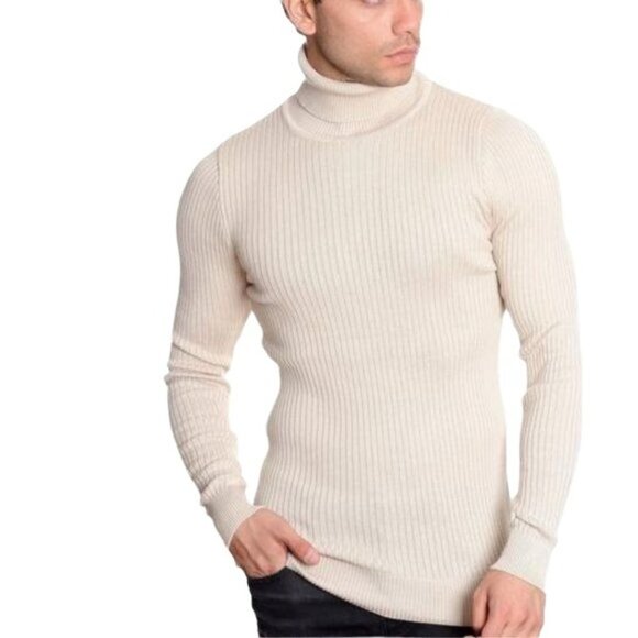 LCR Black Edition Men's Luxury European Turtleneck Sweater Light Beige Large NWT - Picture 1 of 5